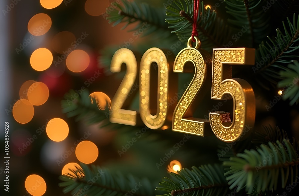 Golden numbers 2025 on the background of a Christmas tree. The concept of a festive decor for the New Year. Holiday card for Christmas and holidays