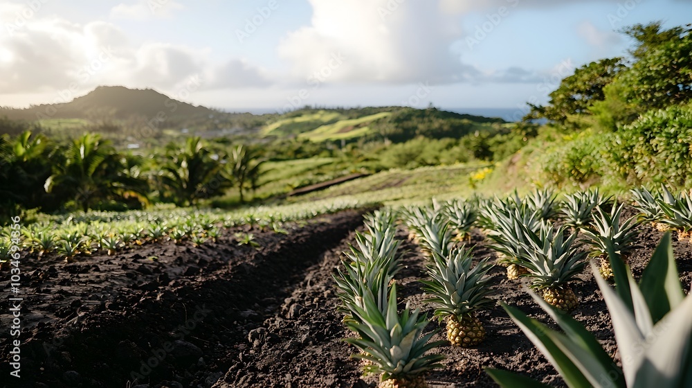 Vibrant pineapple farm with neat rows of lush green pineapple plants growing on the fertile ground creating a scenic agricultural landscape in a tropical environment Vibrant pineapple farm with neat rows of lush green pineapple plants growing on the fertile ground creating a scenic agricultural landscape in a tropical environment