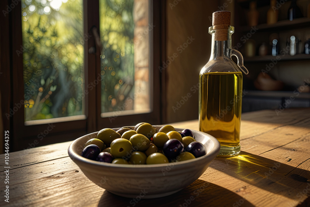 Olive Oil Bottles and Olives on a Wooden Table
Olive Oil Bottles and Olives on a Wooden Table