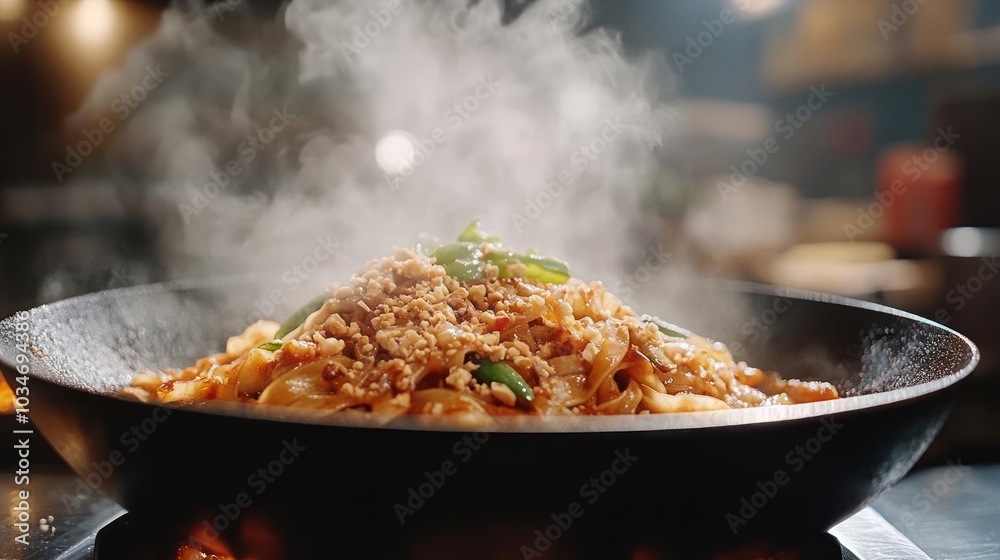 A stir fry dish is being cooked in a wok, evidenced by the steam and garnishing in the background. A stir fry dish is being cooked in a wok, evidenced by the steam and garnishing in the background.