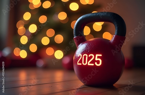 A red sports kettlebell with the numbers 2025 on the background of a Christmas tree. Fitness card for the new year. The concept of sales and discounts for fitness and gyms for the New Year holidays 