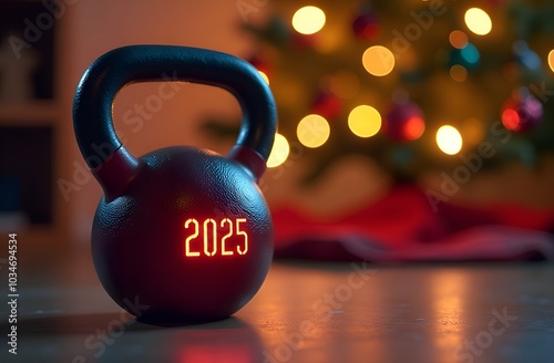 Fitness kettlebell with red numbers 2025 on the background of a Christmas tree. Sports card for the new year