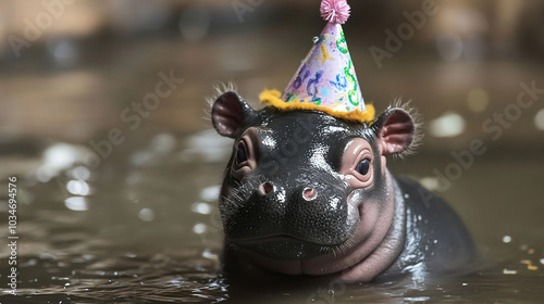 Baby pygmy hippo wearing birthday hat