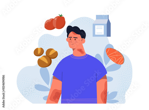 Boy with food allergy. Schoolboy with red spots at hands near milk, meat, tomatoes and bun. Allergic reactions to eating. Flat vector illustration isolated on white background