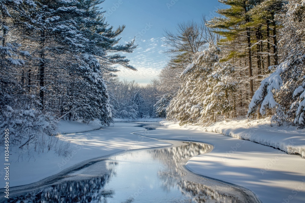Obraz premium A peaceful winter scene with snow-covered trees, a frozen river winding through the landscape