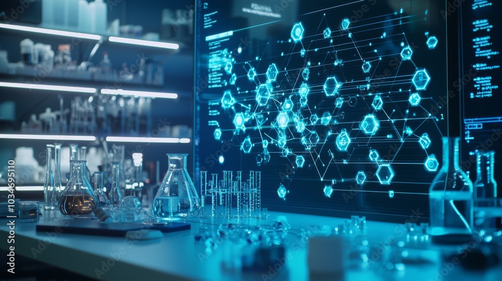 Fototapeta premium AI-Powered Drug Discovery : A high-tech lab where artificial intelligence systems analyze molecular structures and create new medicines, with digital displays of compounds and chemical formulas