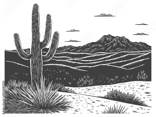 Desert Landscape with Cactus and Mountains