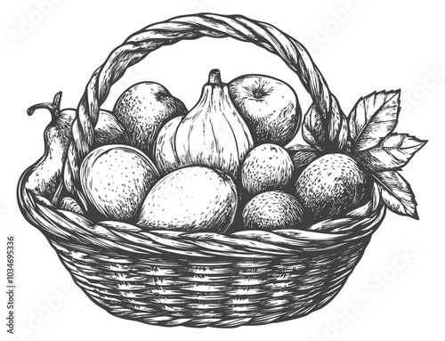 Hand-Drawn Fruit Basket Illustration in Vintage Style