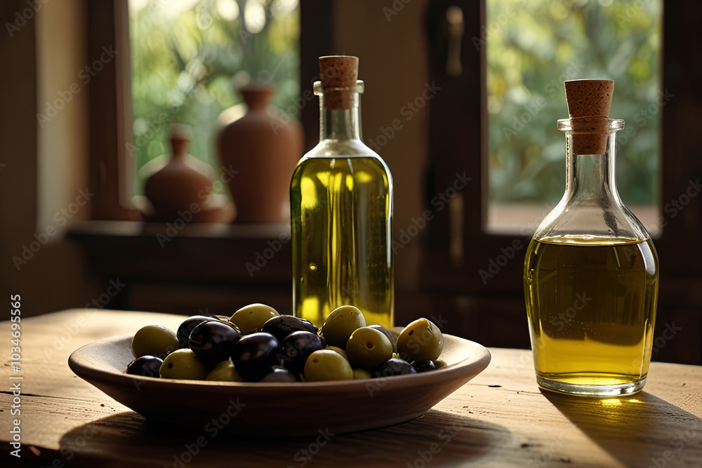 Olive Oil Bottles and Olives on a Wooden Table

