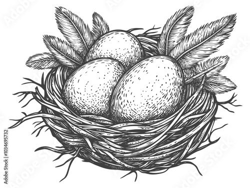 Elegant Nest with Eggs and Feathers Illustration
