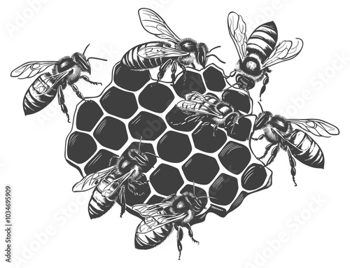 Bees Collecting Nectar on Honeycomb Structure