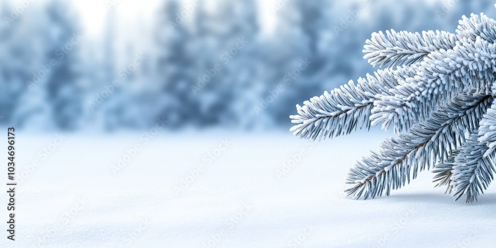 Frosty Pine Branch Against Snowy Background Frosty Pine Branch Against Snowy Background