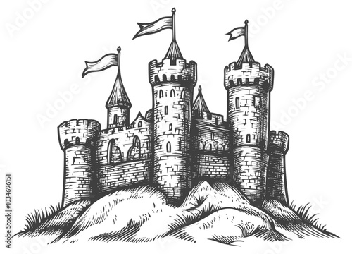 Detailed Sketch of an Ancient Castle on a Hill
