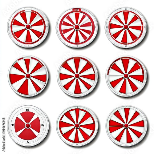 Nine Red and White Circular Wheels with Numbered Segments