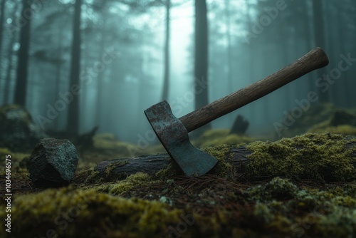 A rusty axe lying on a moss-covered log in a dark, misty forest at dawn, with eerie light filtering through the trees, representing mystery, forgotten tools, and nature's reclaiming