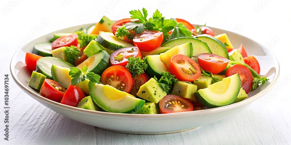 A vibrant mix of fresh green avocado slices, juicy red tomato halves, and bright green cucumber rounds, nestled together in a pristine white bowl, a symphony of color and flavor. A vibrant mix of fresh green avocado slices, juicy red tomato halves, and bright green cucumber rounds, nestled together in a pristine white bowl, a symphony of color and flavor.