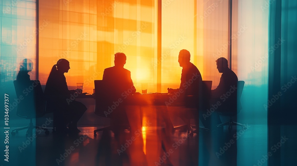 Silhouetted figures in a business meeting, double exposure with fluid light gradients Silhouetted figures in a business meeting, double exposure with fluid light gradients