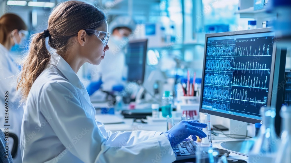 Scientists working in a high-tech pharmaceutical lab, analyzing chemical compounds on computer screens for drug development Scientists working in a high-tech pharmaceutical lab, analyzing chemical compounds on computer screens for drug development