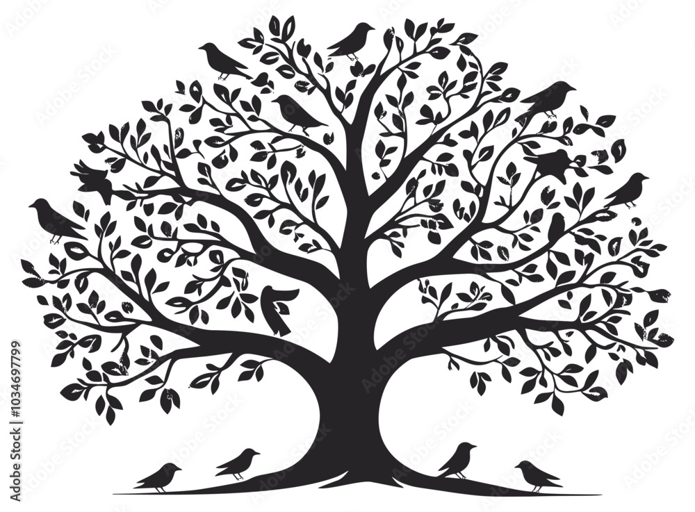 Obraz premium Elegant Tree Silhouette with Birds and Leaves