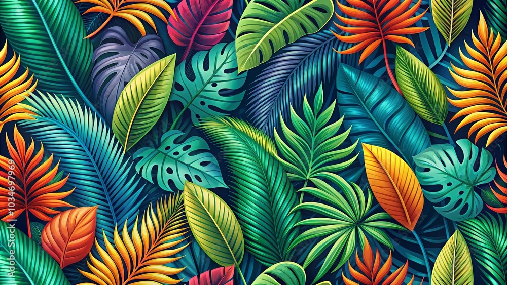 A Vivid Tapestry of Lush Foliage, Where Vibrant Greens, Oranges, and Reds Intertwine in a Symphony of Nature's Beauty A Vivid Tapestry of Lush Foliage, Where Vibrant Greens, Oranges, and Reds Intertwine in a Symphony of Nature's Beauty