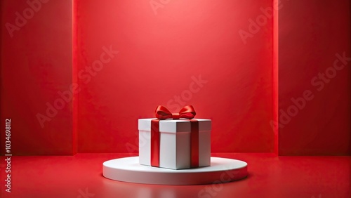 Aerial view of white podium with red gift box on red background