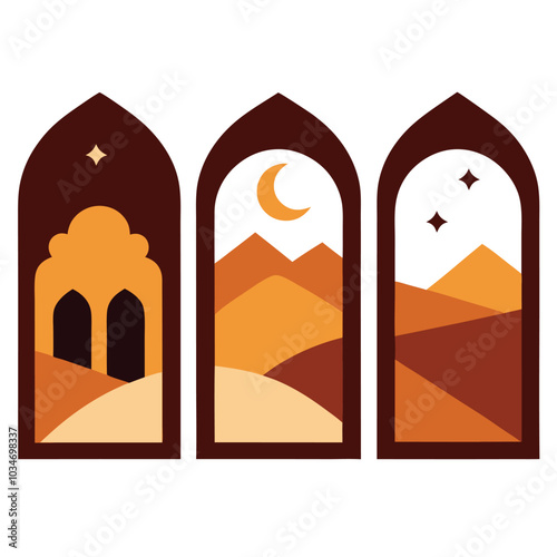 Set of Arabic window Oriental scenes. Ramadan arch doors. Islamic architectural elements with dunes landscapes. Frame with moon, desert and mountains. illustration