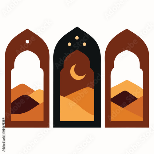 Set of Arabic window Oriental scenes. Ramadan arch doors. Islamic architectural elements with dunes landscapes. Frame with moon, desert and mountains. illustration