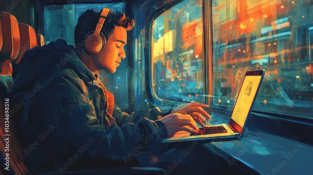 Obraz premium Young Man Working on Laptop Inside a Bus