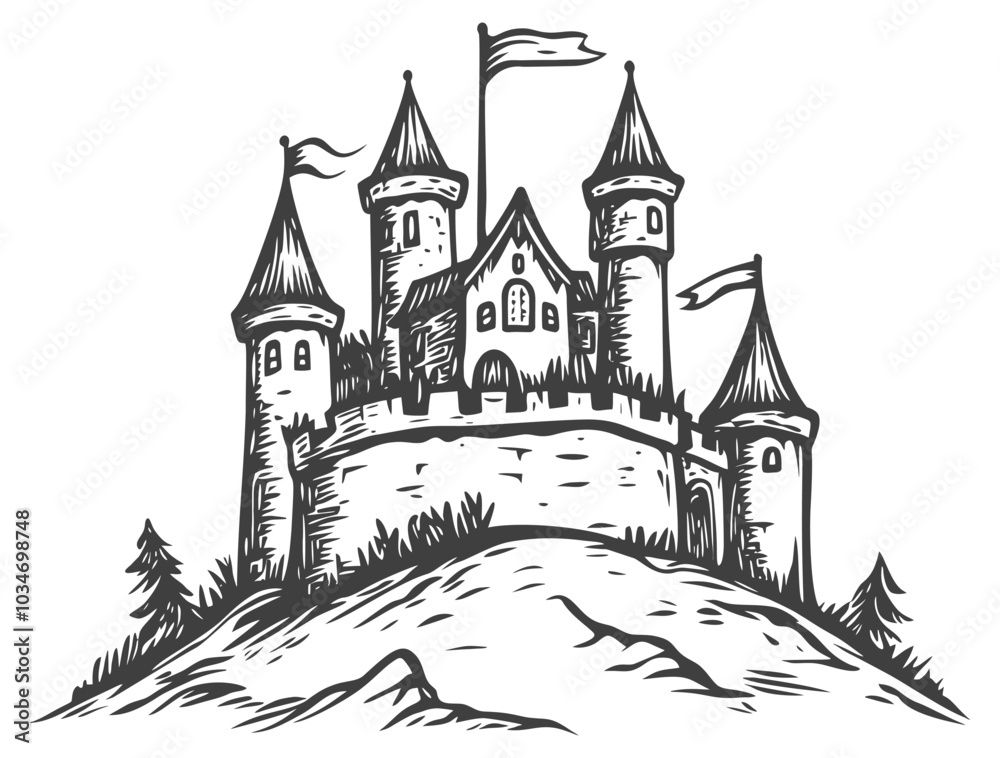 Fototapeta premium Fairy Tale Castle on a Hill Illustration