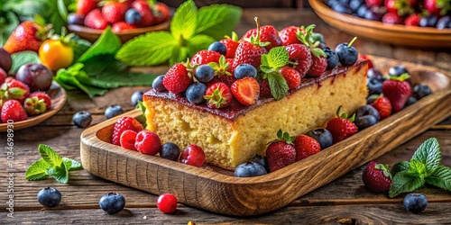 A Delectable Slice of Summer Delight, Topped with Luscious Berries and a Light Glaze, Nestled on a Rustic Wooden Tray