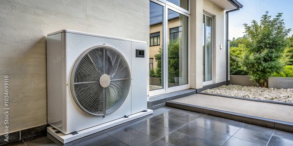 Air source heat pump installed outside a residential building in a long shot view Air source heat pump installed outside a residential building in a long shot view