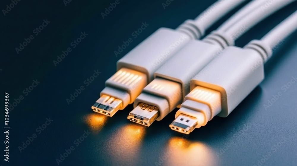 A close-up of three illuminated USB cables with glowing tips, representing fast data transfer, connectivity, and modern technology.. A close-up of three illuminated USB cables with glowing tips, representing fast data transfer, connectivity, and modern technology..