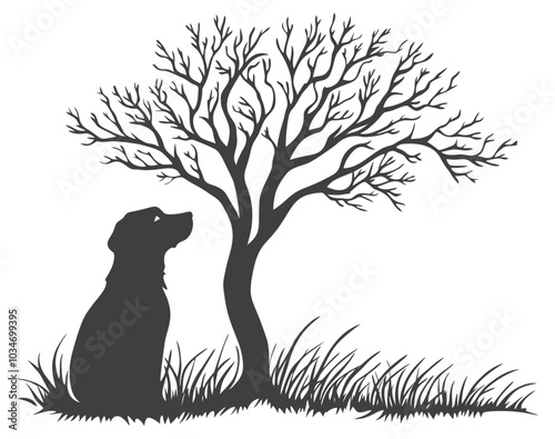 Dog Sitting Under a Bare Tree Silhouette