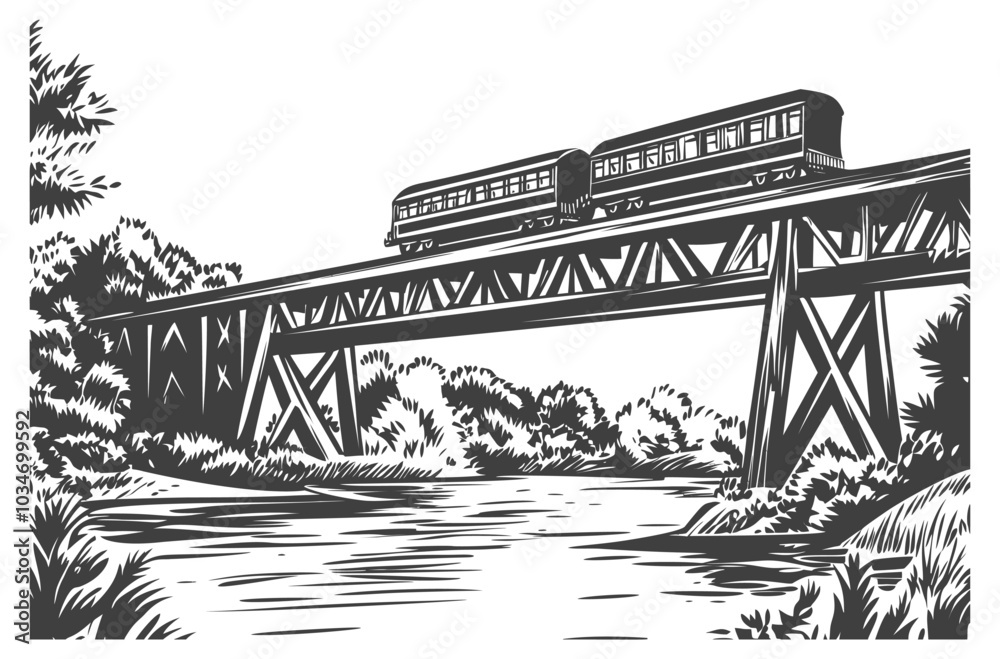 Obraz premium Vintage Train Crossing a Rustic Bridge in Black and White