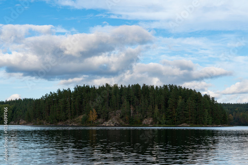 Lake Ladoga near the village Lumivaara on a sunny autumn day, Ladoga skerries, Lakhdenpokhya, Republic of Karelia, Russia