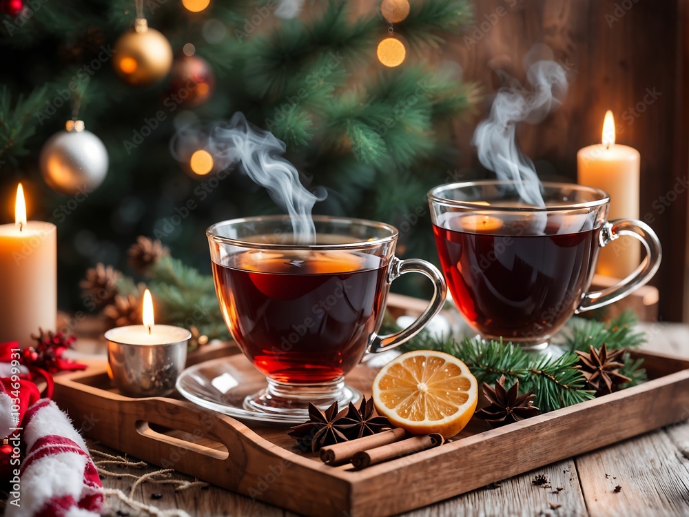 Hot tea in glass cup with steam in cozy winter composition. Two cups of black tea with steam on wooden tray on plaid with candles and Christmas tree. Copy space for text. Christmas menu, greeting card Hot tea in glass cup with steam in cozy winter composition. Two cups of black tea with steam on wooden tray on plaid with candles and Christmas tree. Copy space for text. Christmas menu, greeting card