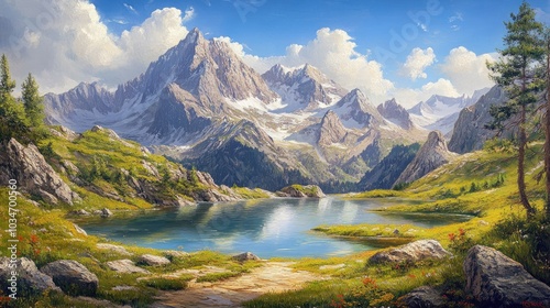 Captivating oil painting of a stunning mountain lake nestled in a vibrant alpine landscape depicting an ideal resting spot in a fairy tale setting Panoramic mountain vista and scenic beauty