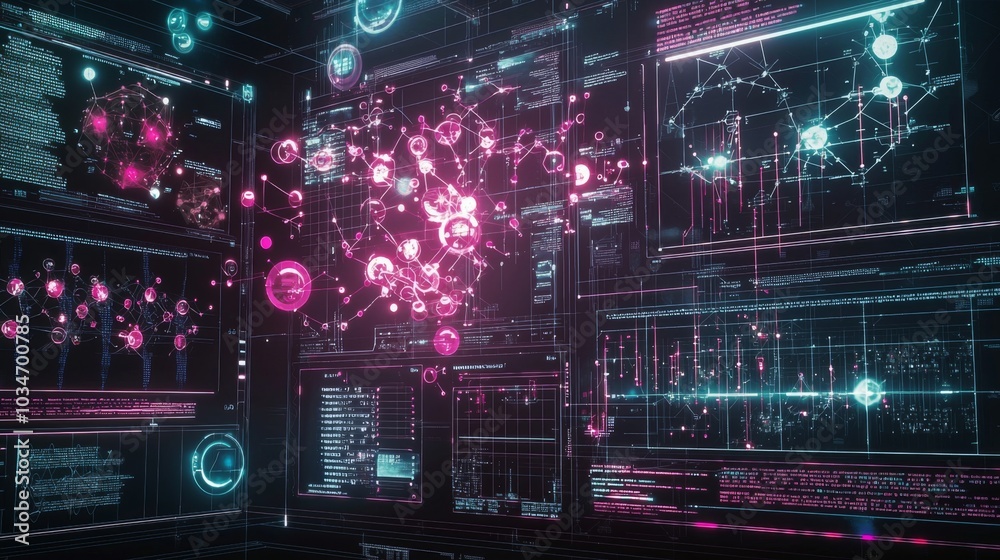 Graphical interface showing chemical reactions and interactions in drug research, futuristic biotech imagery Graphical interface showing chemical reactions and interactions in drug research, futuristic biotech imagery