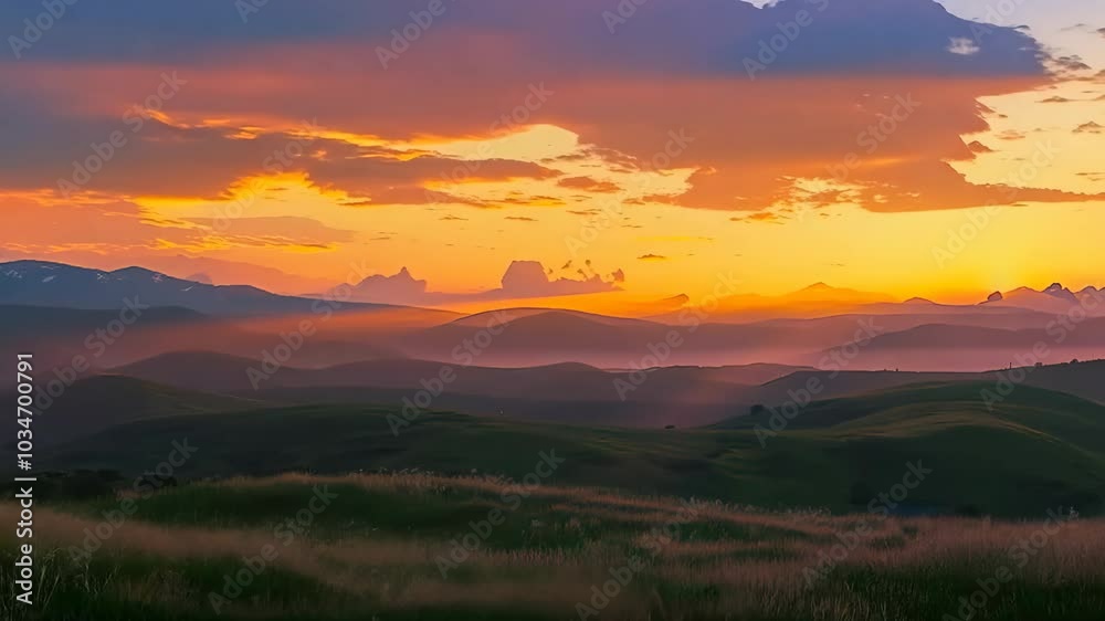 Sunset casting warm light on rolling hills, , Video Sunset casting warm light on rolling hills, , Video