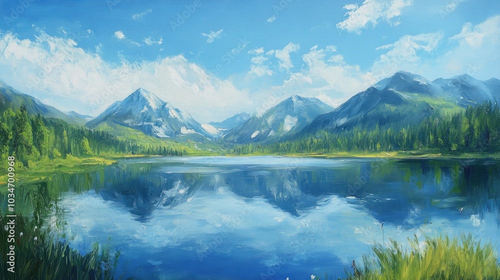 Oil painting depicting a panoramic view of a serene lake surrounded by mountains under a clear summer sky showcasing vibrant summer landscapes Oil painting depicting a panoramic view of a serene lake surrounded by mountains under a clear summer sky showcasing vibrant summer landscapes