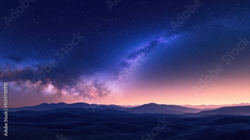 Landscape featuring a gradient blue and purple Milky Way galaxy in a 3D cartoon rendering Night sky adorned with stars