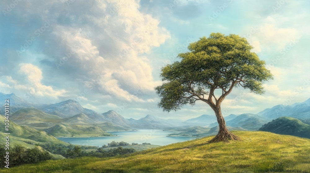 Oil painting depicting a scenic landscape featuring a solitary tree with a picturesque backdrop of hills and lake views Oil painting depicting a scenic landscape featuring a solitary tree with a picturesque backdrop of hills and lake views