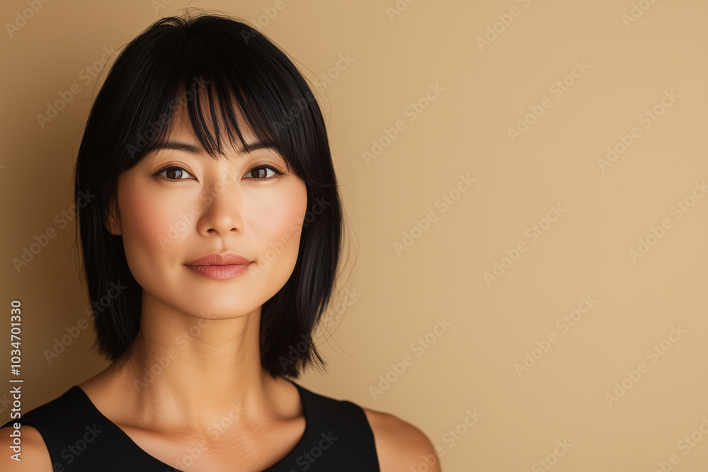Beautiful black asian woman on neutral beige background, skincare. Beautiful black asian woman on neutral beige background, skincare.