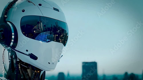 4K video robot call center agent wearing a headset with microphone interacting with an online chat session