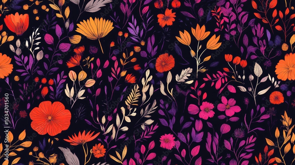 A continuous hand drawn pattern featuring shades of orange red purple and fuchsia against a black backdrop A continuous hand drawn pattern featuring shades of orange red purple and fuchsia against a black backdrop