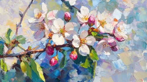 Fototapeta Naklejka Na Ścianę i Meble -  Oil painting depicting blooming spring flowers and cherry buds along with their shadow showcasing the vibrant essence of spring