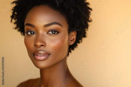 Beautiful black woman on neutral beige background, skincare.	