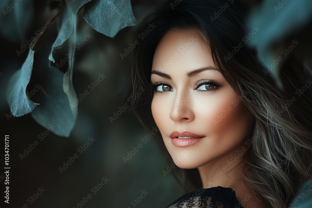 Beautiful middle age woman on black leaves background, skincare Beautiful middle age woman on black leaves background, skincare