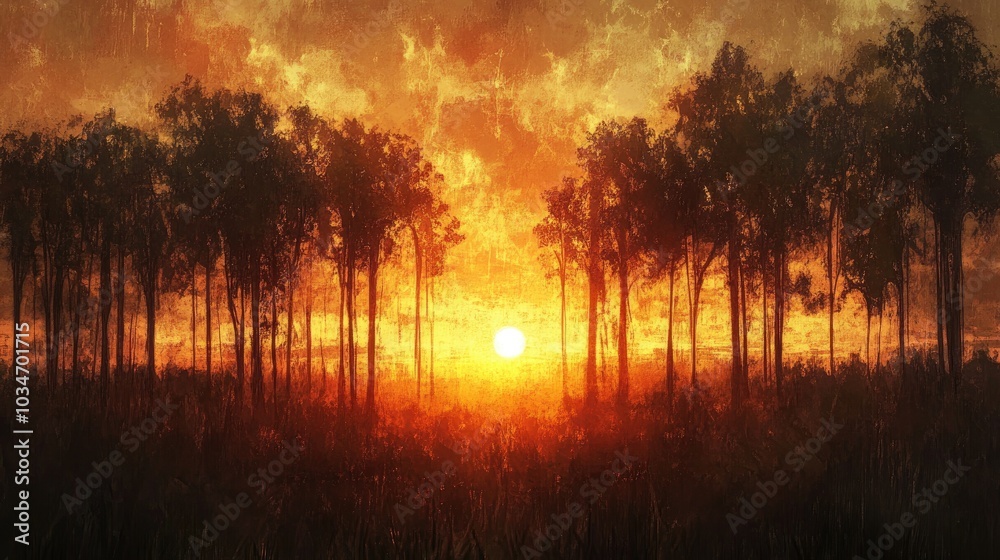 Oil painting depicting a sunset view with sun setting behind a grove of trees Oil painting depicting a sunset view with sun setting behind a grove of trees