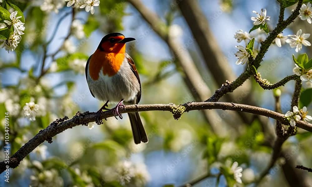 a robin bird is sitting in a sunny spring garden on a branch of tree. a robin bird is sitting in a sunny spring garden on a branch of tree.